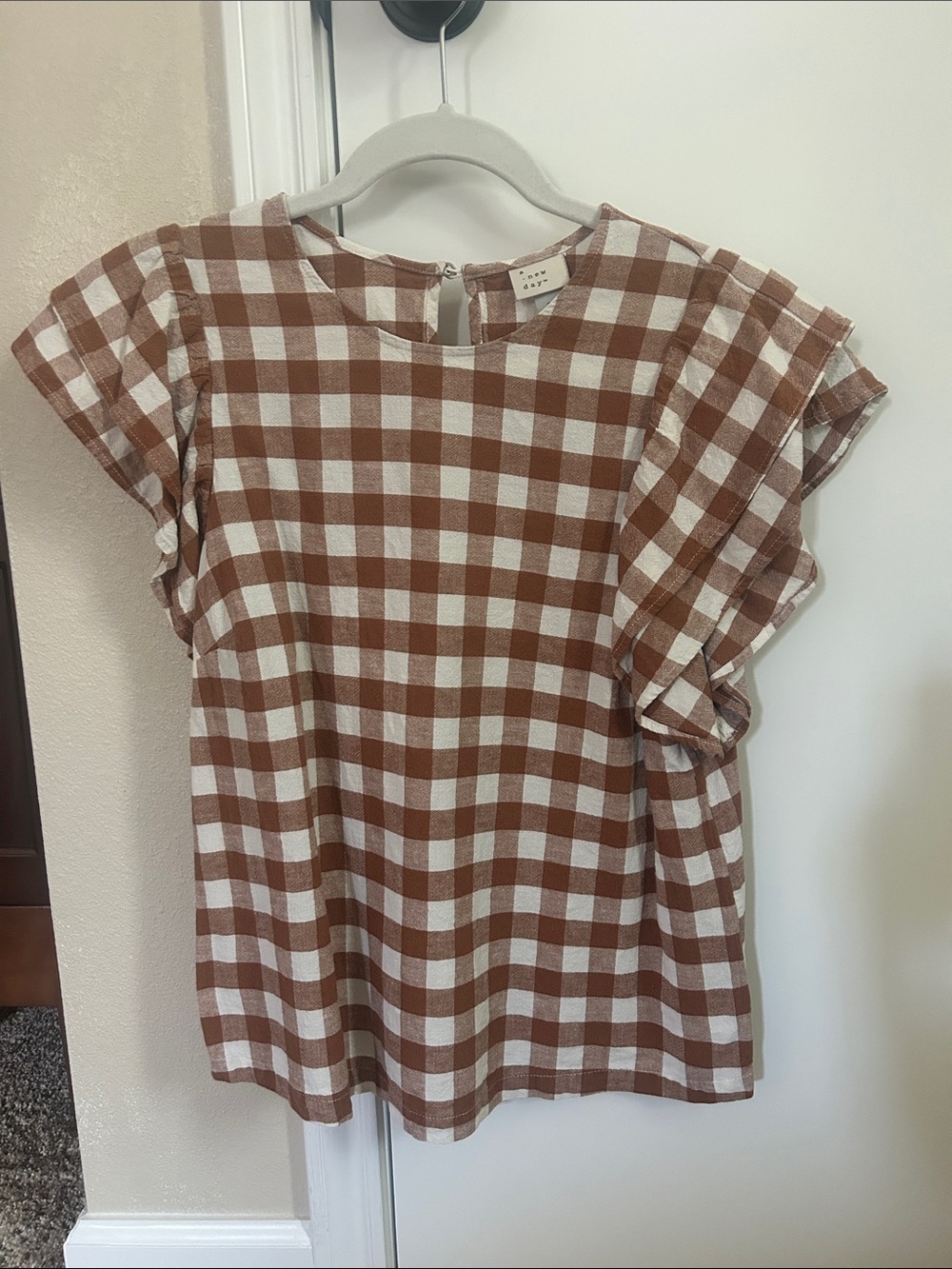 a new day Brown and White Gingham Ruffle Sleeve Blouse